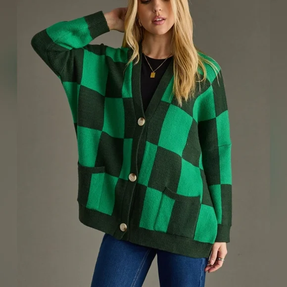 Panache Apparel Girl Crush Oversized Cardigan In Green Checkered Size LG - Picture 3 of 16